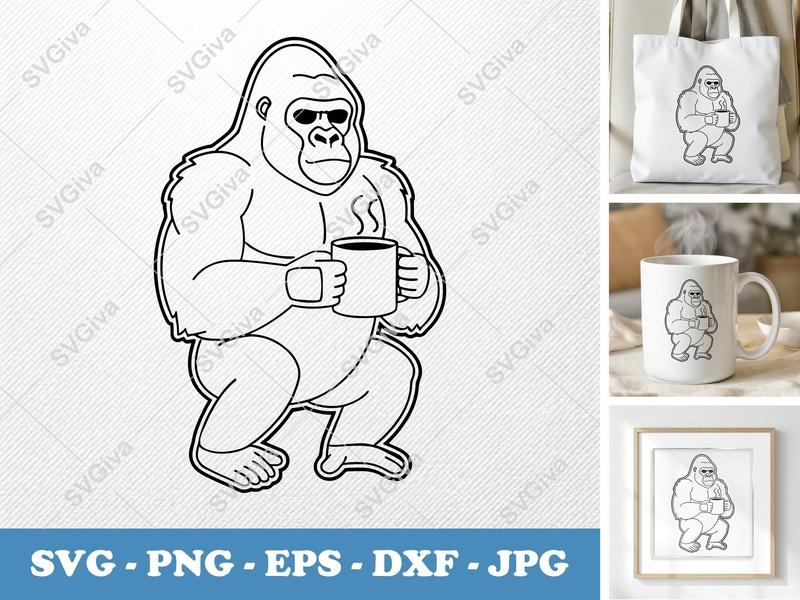 Gorilla with Coffee Cup SVG | Outline Art, Basic Shapes | PNG DXF EPS | Cricut Silhouette File