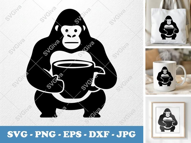 Gorilla with Coffee Cup SVG | Puffy Soft Forms | PNG DXF EPS | Cricut Silhouette Cut File