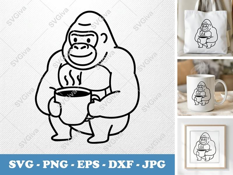 Gorilla with Coffee Cup SVG | Rounded Bean-Shaped Design | PNG DXF EPS | Cricut Silhouette File