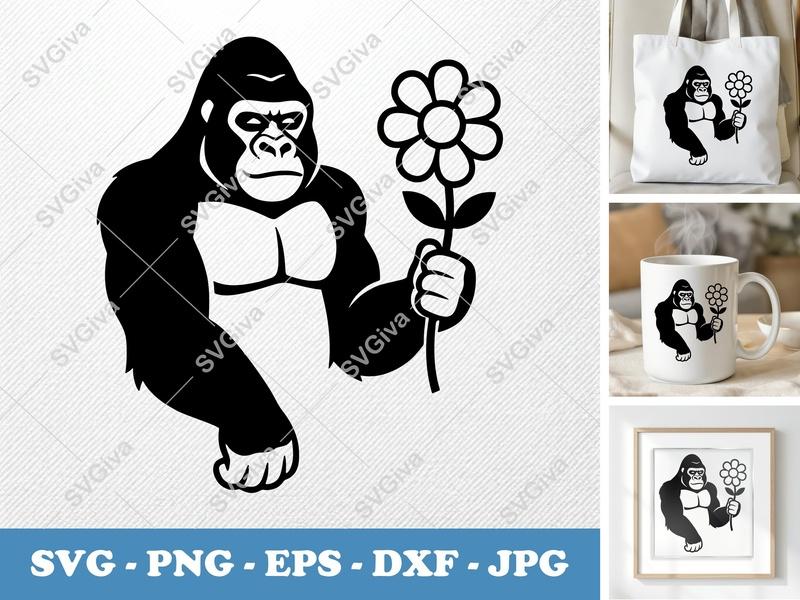 Gorilla with Flower SVG | Bold Character | Minimalist Black Contour, White Fill | PNG DXF EPS | Cricut Silhouette Cut File