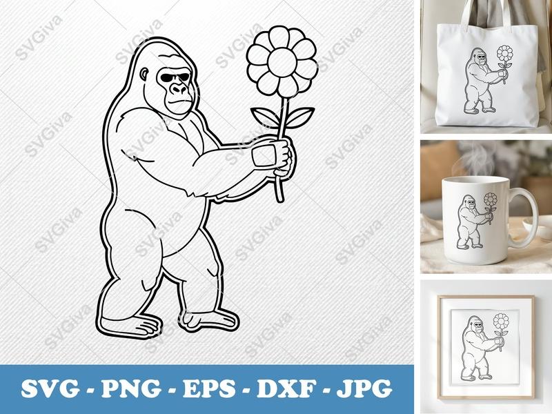Gorilla with Flower SVG | Double-Outline Minimalist Design | PNG DXF EPS | Cricut Silhouette Cut File