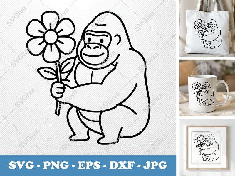 Gorilla with Flower SVG | Friendly Rounded Body Bean-Shaped Cut File | PNG DXF EPS for Cricut Silhouette