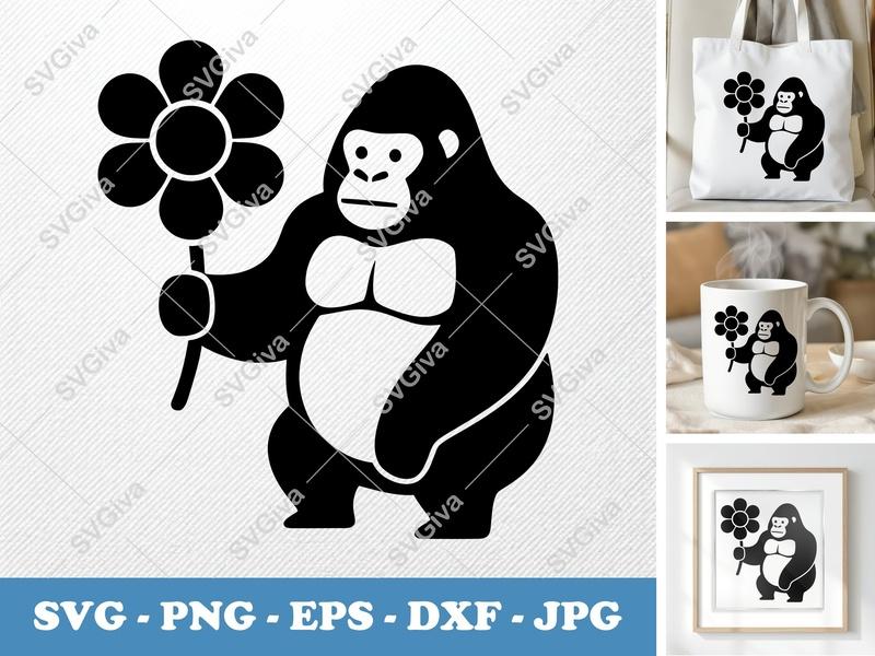 Gorilla with Flower SVG | Puffy Cartoon Design | PNG DXF EPS | Cricut Silhouette File