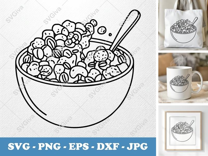 Granola Bowl SVG, Cereal Cut File DXF PNG EPS for Cricut Silhouette, Breakfast Food Vector Art