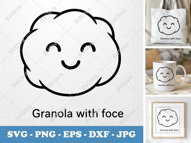 Granola SVG | Happy Granola Face Clipart, Cute Food Outline PNG EPS DXF for Cricut & Silhouette, Snack Vector Cut File