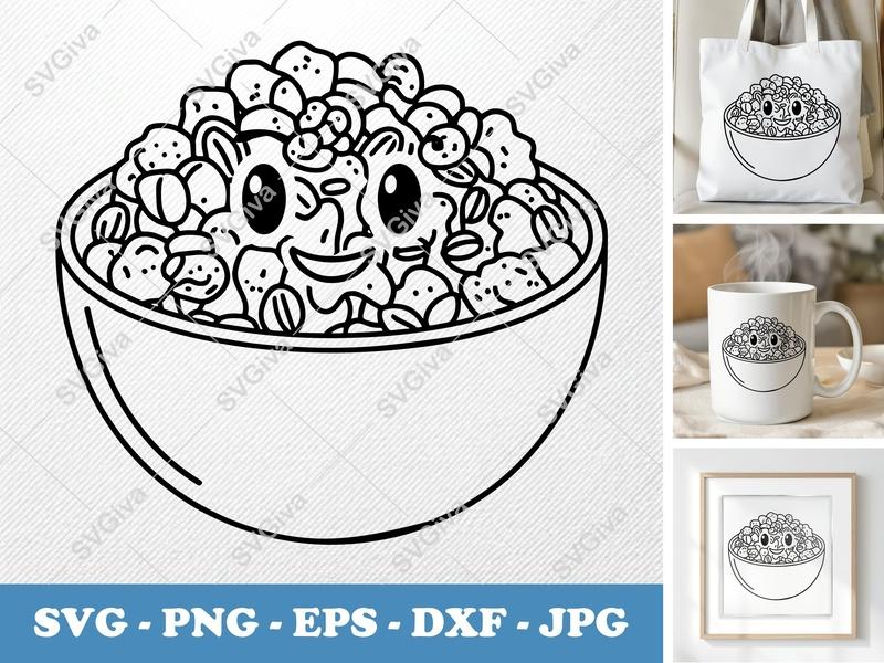 Granola with Smiling Face SVG PNG DXF EPS | Kawaii Food Cut File Cricut Silhouette