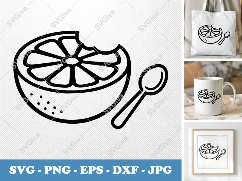 Grapefruit SVG | Half Eaten Fruit with Spoon, Citrus Cut File | PNG, EPS, DXF for Cricut & Silhouette | Kitchen Decor