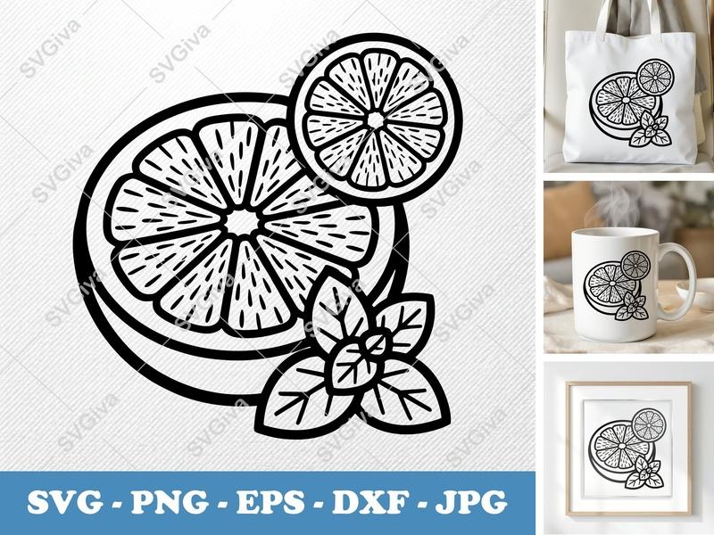 Grapefruit with Garnish SVG | Bold Contour Minimalist Cut File | PNG DXF EPS | Cricut Silhouette Design