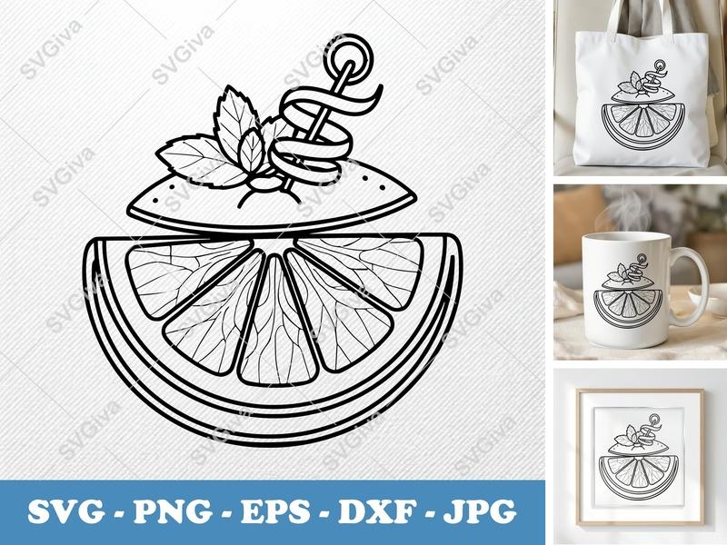Grapefruit with garnish SVG | Double-Outline Minimalist Cut File | PNG DXF EPS | Cricut Silhouette