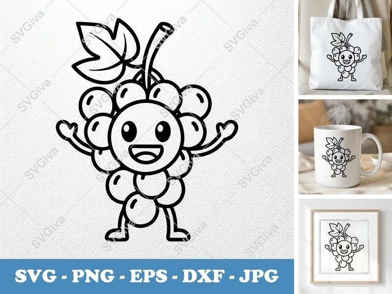 Grapes Kawaii SVG | Cute Fruit Clipart PNG EPS DXF | Happy Grape Character for Cricut Silhouette