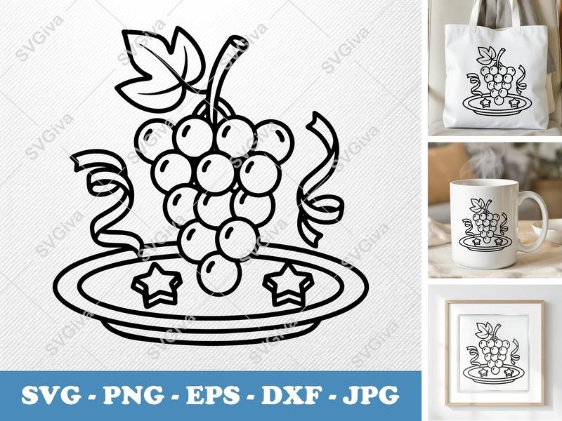 Grapes SVG | Bunch of Grapes with Leaf & Vine, Plate, Ribbons, Stars | PNG EPS DXF | Cricut Silhouette Cut File