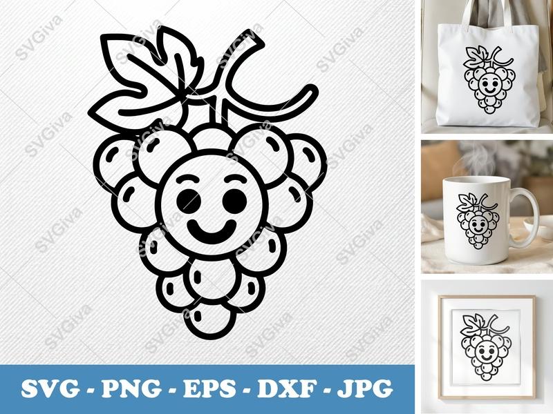Grapes SVG | Cute Kawaii Fruit Clipart, Happy Grape Design | PNG EPS DXF for Cricut, Silhouette, Vinyl Decals