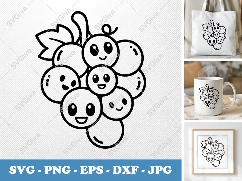 Grapes SVG | Cute Kawaii Fruit Clipart | Modern Outline Design | PNG EPS DXF for Cricut, Silhouette