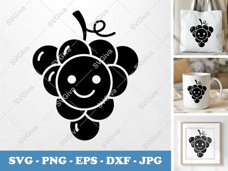 Grapes SVG | Happy Fruit Cut File | Cute Grape PNG EPS DXF for Cricut Silhouette, Kids Craft, Funny Food