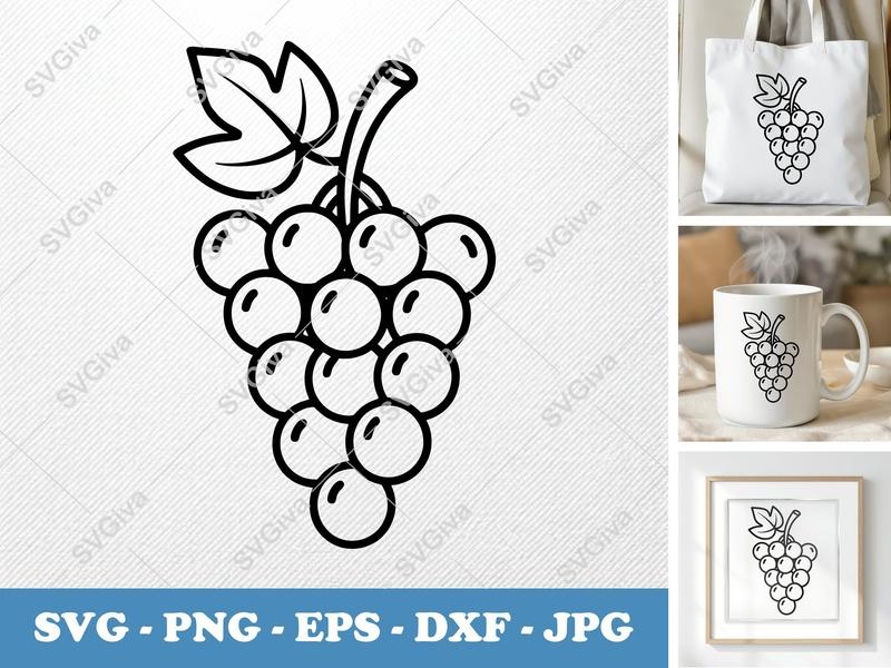 Grapes SVG | Modern Fruit Design, Outline Grape Cluster | PNG EPS DXF for Cricut, Silhouette, Vector Art