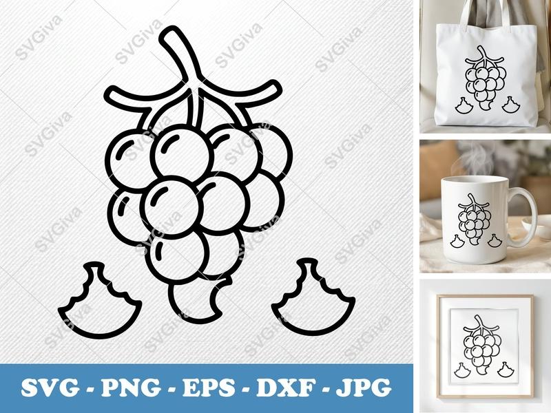 Grapes SVG | Modern Fruit Outline, Berry Clip Art | PNG EPS DXF for Cricut, Silhouette | Food Vector