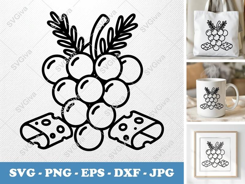 Grapes SVG | Modern Grape and Cheese Design | PNG EPS DXF | Cricut Silhouette File | Food Clipart Vector