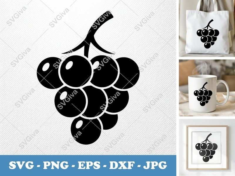 Grapes SVG | Modern Grape Bunch Cut File for Cricut, Silhouette | PNG, EPS, DXF | Fruit Clipart Vector Design