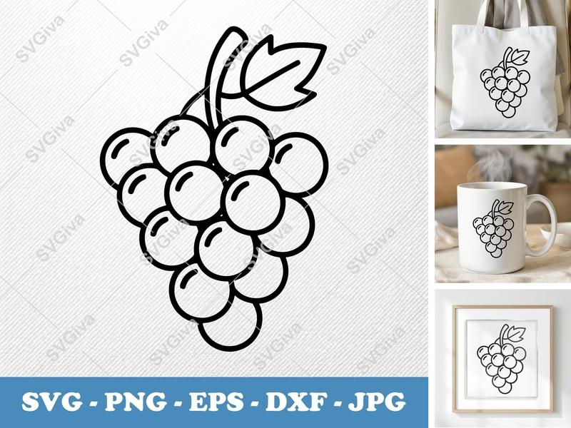 Grapes SVG | Modern Grape Bunch Cut File | Fruit Clipart PNG EPS DXF for Cricut & Silhouette | Outline Design