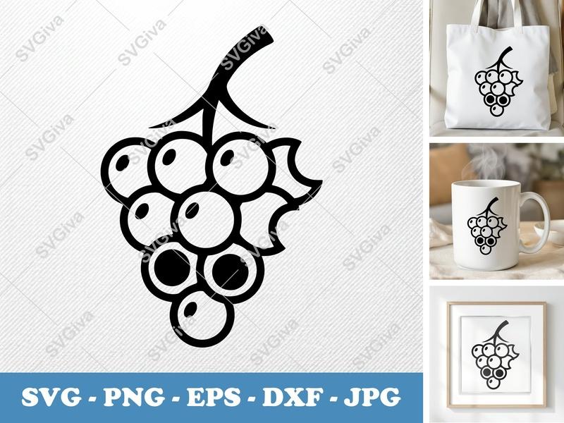 Grapes SVG | Modern Grape Bunch Cut File | Fruit Outline | PNG EPS DXF for Cricut & Silhouette, Kitchen Decor, Wine