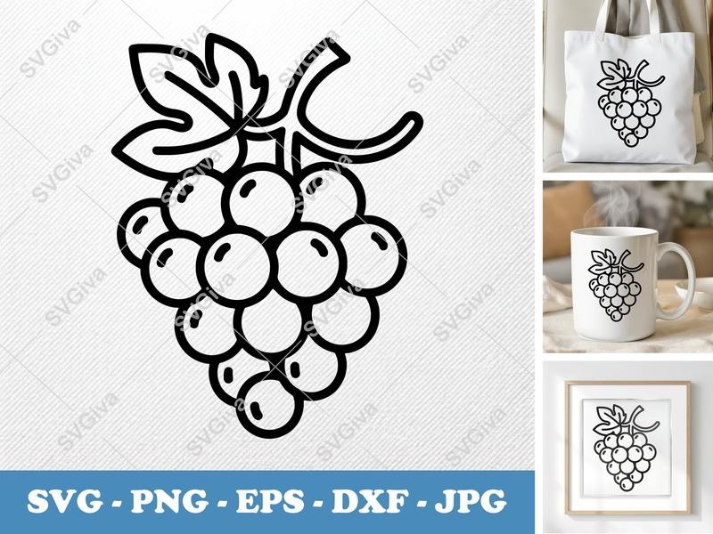 Grapes SVG | Modern Grape Bunch with Leaf Cut File for Cricut, Silhouette | PNG EPS DXF Vector Clipart