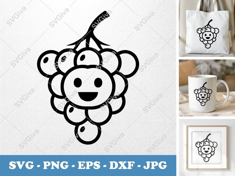 Grapes SVG | Modern Happy Grape Face Cut File | PNG EPS DXF for Cricut & Silhouette, Fruit Clipart, Kawaii Food Design