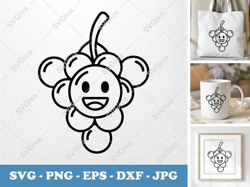 Grapes SVG | Modern Happy Grape Fruit Cut File | PNG EPS DXF for Cricut Silhouette | Cute Food Clip Art