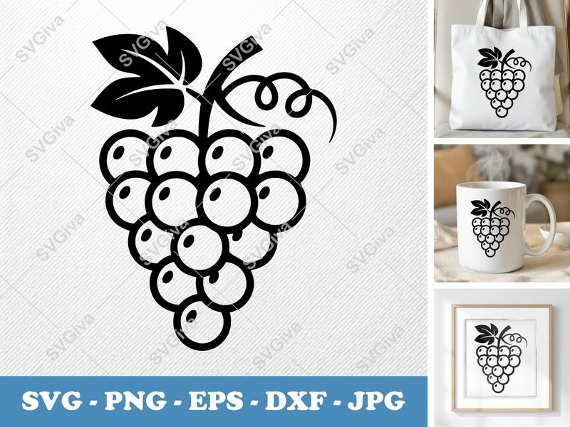 Grapes SVG, Outline Grape Cluster with Leaves | PNG EPS DXF | Cricut Silhouette Cut File, Modern Fruit Design