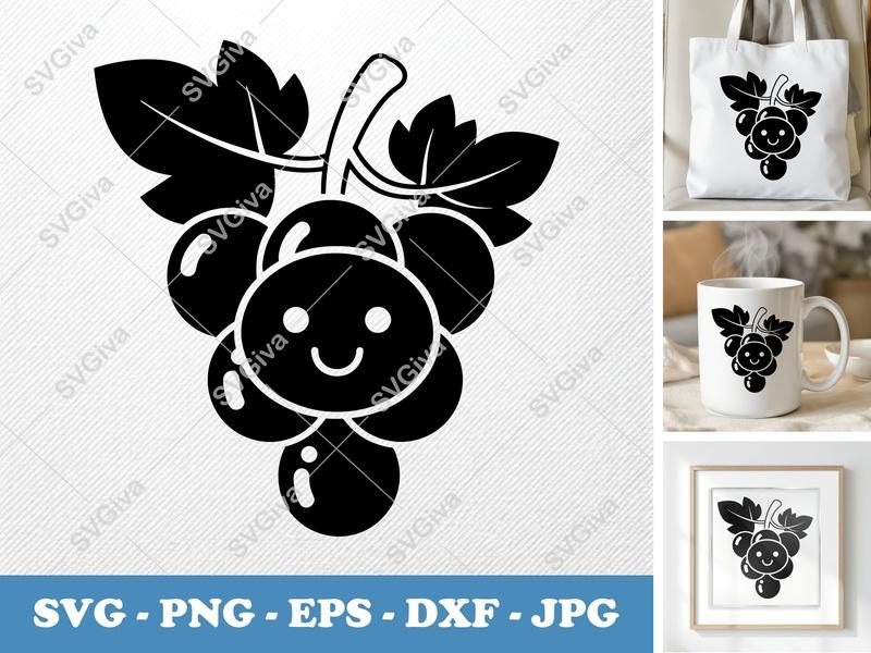 Grapes with Smiling Face SVG | Puffy Soft Shapes | Inflated Pillow Art | PNG DXF EPS | Cricut Silhouette Cut File