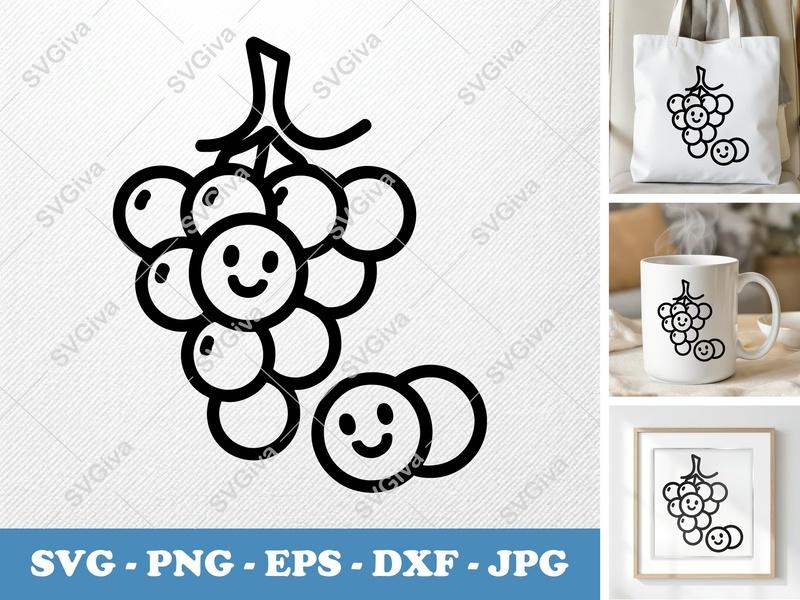 Grapes with Smiling Face SVG | Simple Character Design | Bold Contour PNG DXF EPS | Cricut Silhouette File