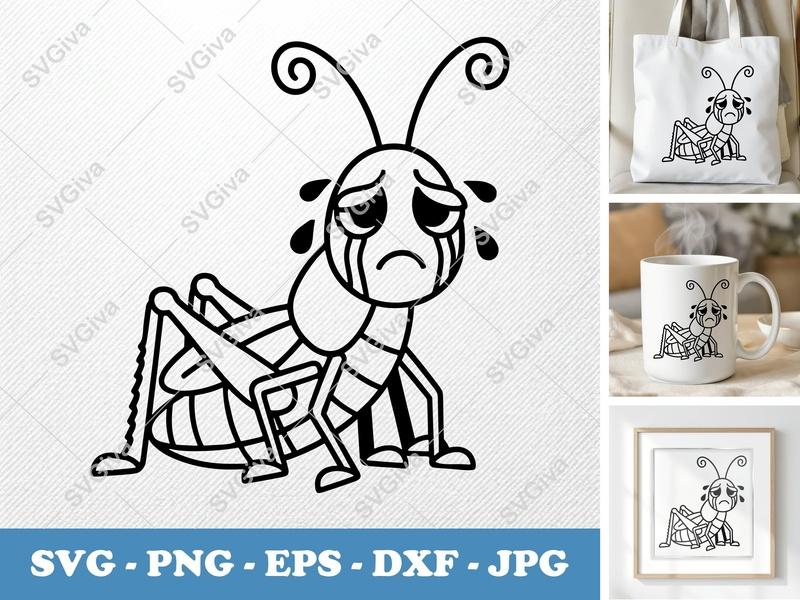 Grasshopper Crying SVG | Sad Insect Vector, Cartoon Bug PNG, EPS, DXF | Cricut & Silhouette Cut File, Modern Clip Art