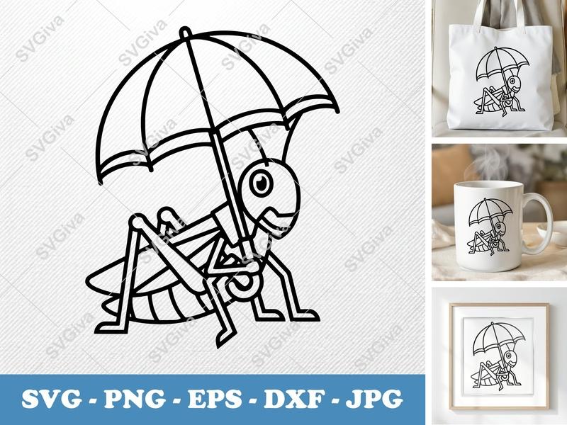 Grasshopper holding umbrella SVG | Geometric Double-Outline Cut File | Thick Outer Contour, Thin Inner Lines | PNG DXF EPS | Cricut Silho...