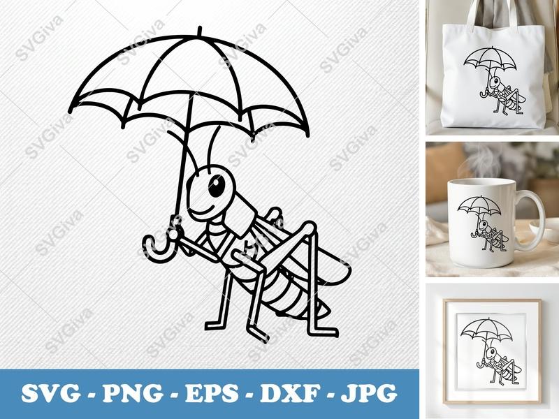 Grasshopper Holding Umbrella SVG | Minimalist Character | Bold Contour Vector | PNG DXF EPS | Cricut Silhouette File