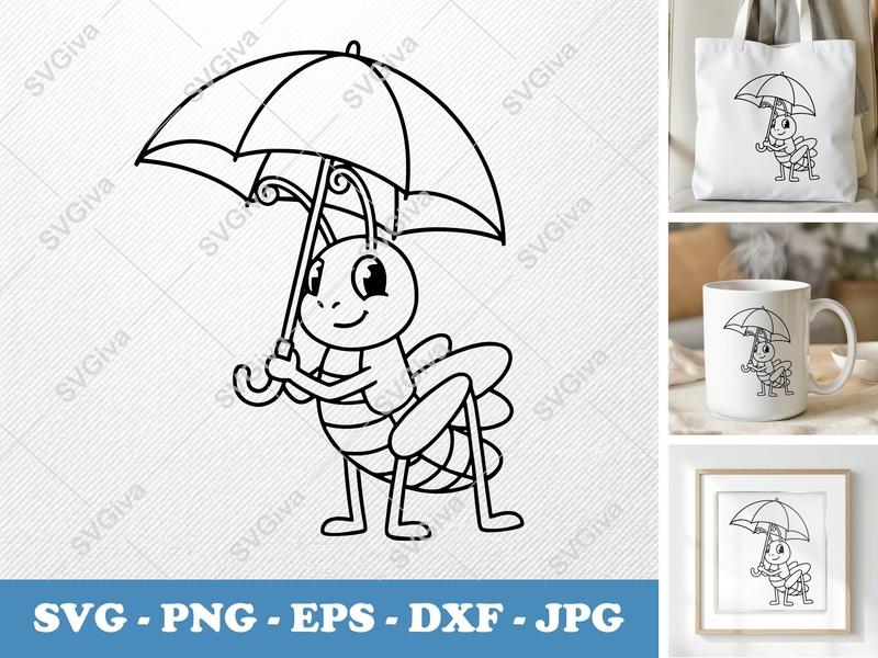 Grasshopper holding umbrella SVG PNG DXF EPS Cricut Silhouette File