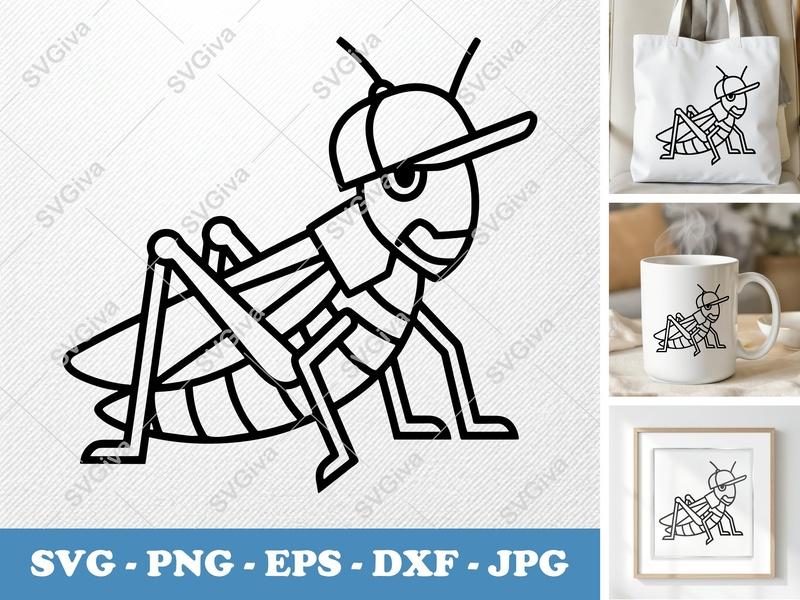 Grasshopper in a Cap SVG | Double Outline, Geometric Cut File | Thick Contour Thin Lines | PNG DXF EPS for Cricut Silhouette