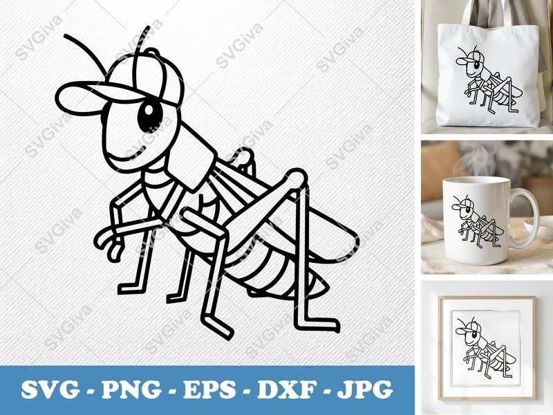 Grasshopper in a Cap SVG | Simple Character Cut File | Bold Contour Design | PNG DXF EPS | Cricut Silhouette