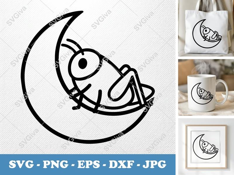 Grasshopper on Moon SVG | Friendly Bean-Shaped Design | PNG DXF EPS | Cricut Silhouette File