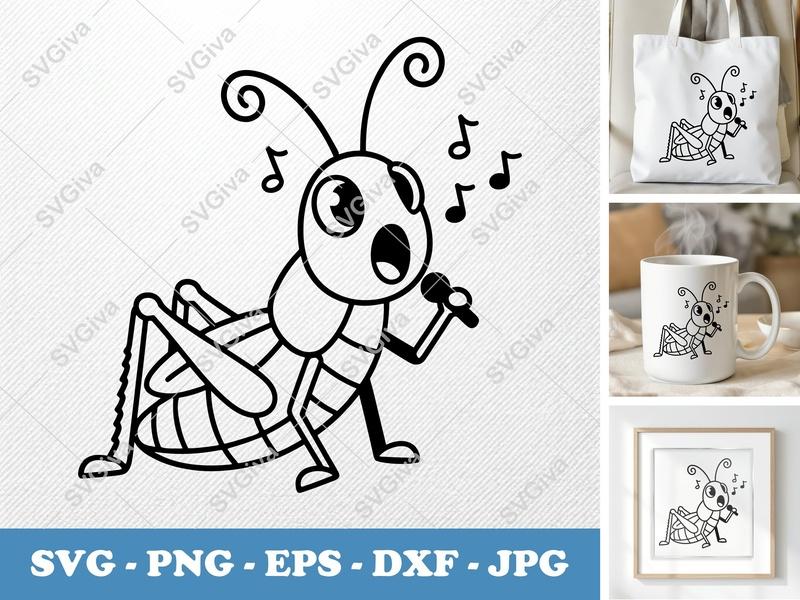 Grasshopper Singing SVG, Cartoon Karaoke PNG, Music Insect EPS, Cute Bug DXF | Cricut & Silhouette Cut File