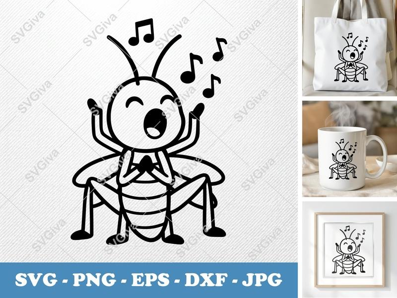 Grasshopper Singing SVG, Friendly Rounded Bean-Shaped Design | PNG DXF EPS Cut File for Cricut Silhouette