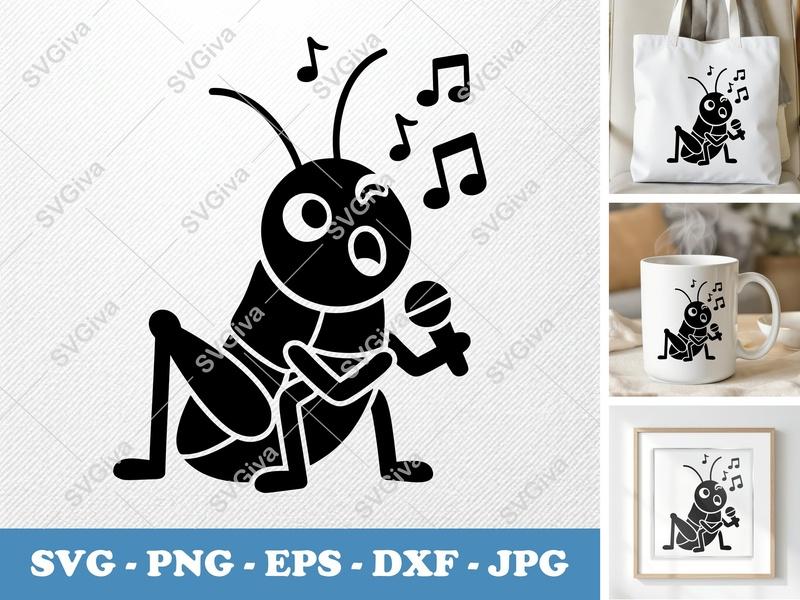Grasshopper Singing SVG | Puffy Cartoon Critter Cut File | Inflated Pillow-Soft Design PNG DXF EPS for Cricut Silhouette