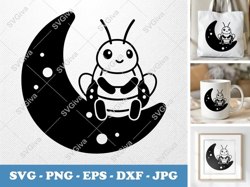 Grasshopper Sitting on Moon SVG | Puffy Soft Shapes | Inflated Pillow-Soft Design | PNG DXF EPS | Cricut Silhouette Cut File