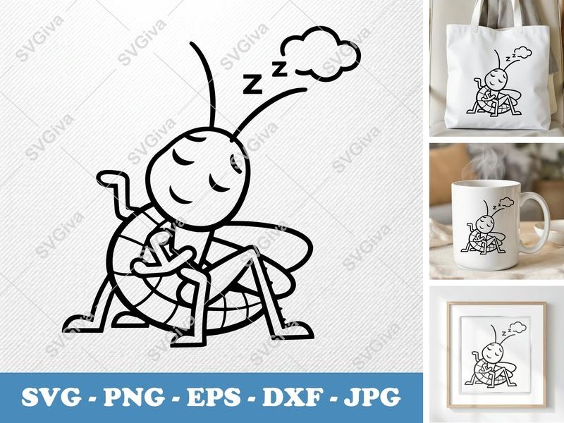 Grasshopper Sleeping SVG | Cute Insect PNG EPS DXF | Cartoon Animal Cut File for Cricut & Silhouette | Modern Design