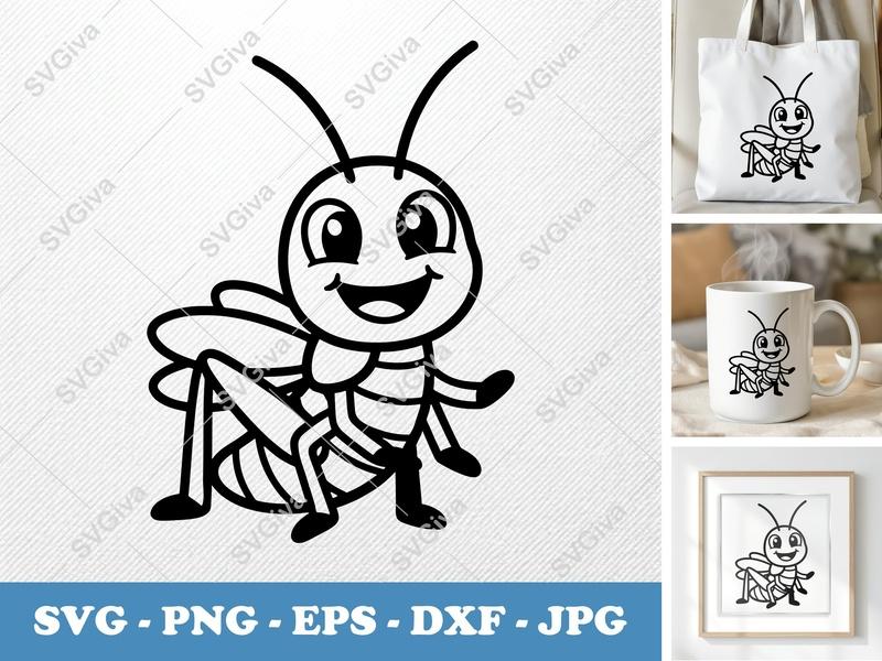 Grasshopper Smiling Happily SVG | Friendly Rounded Body Bean-Shaped Form | PNG DXF EPS | Cricut Silhouette Cut File