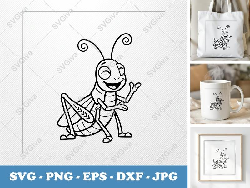 Grasshopper Smiling Happily SVG | Minimalist Cartoon Cut File | PNG DXF EPS | Cricut Silhouette Design