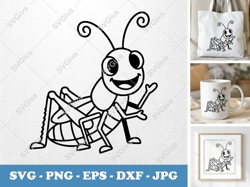 Grasshopper SVG | Cartoon Bug Cut File, Happy Insect Clipart | PNG EPS DXF for Cricut, Silhouette | Kids Craft, Nature Decor
