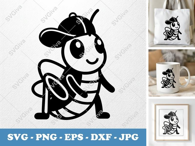 Grasshopper SVG | Cartoon Bug with Hat, Modern Clean Insect | PNG EPS DXF | Cricut Silhouette Cut File