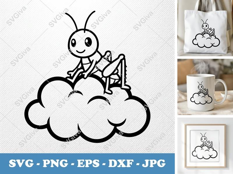 Grasshopper SVG | Cartoon Cloud Cut File | Modern Bug Clipart | PNG EPS DXF for Cricut, Silhouette, Vinyl Decal
