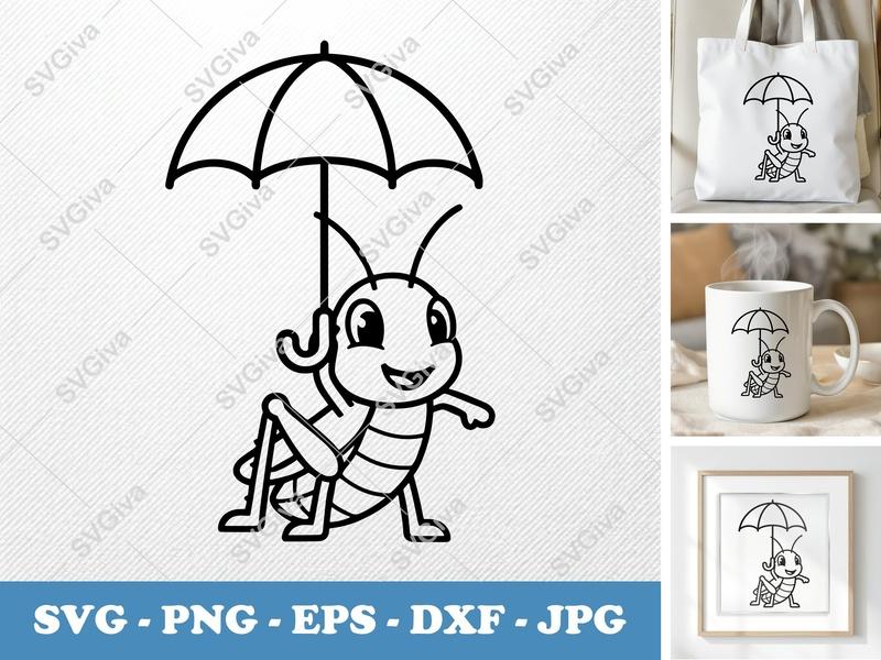 Grasshopper SVG | Cartoon Grasshopper with Umbrella | Cute Insect Cut File PNG EPS DXF for Cricut & Silhouette
