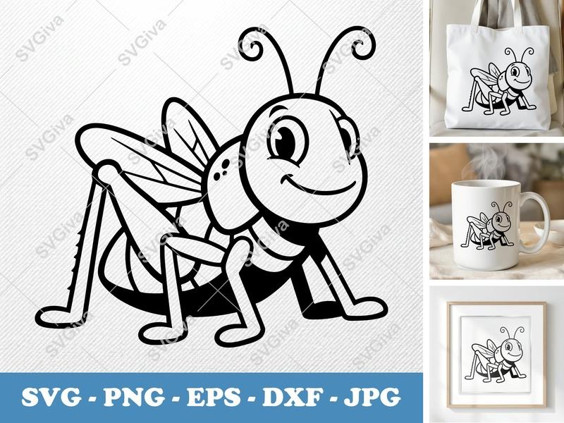 Grasshopper SVG | Cartoon Insect Cut File | Cute Bug PNG, EPS, DXF for Cricut & Silhouette | Outline Line Art Clip Art