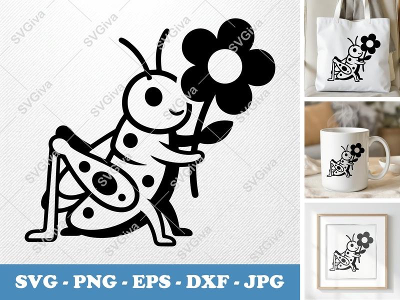 Grasshopper SVG | Cartoon Insect with Flower | Modern Clean Cut File for Cricut, Silhouette | PNG EPS DXF Vector Art